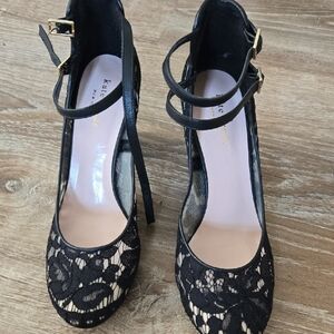 Kate Spade Black Lace Heels with Gold Buckles